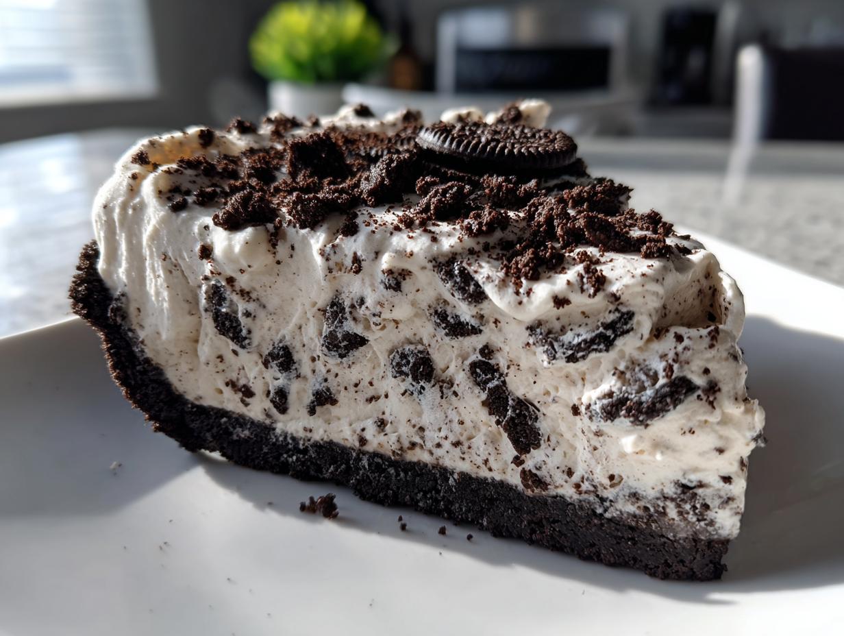 A generous slice of creamy, no-bake Oreo pie featuring a dark chocolate crust and whipped filling loaded with cookie pieces.