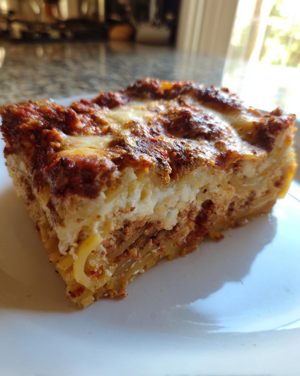 A close-up of a thick slice of baked spaghetti pie showing layers of pasta, meat sauce, and a browned cheesy top.