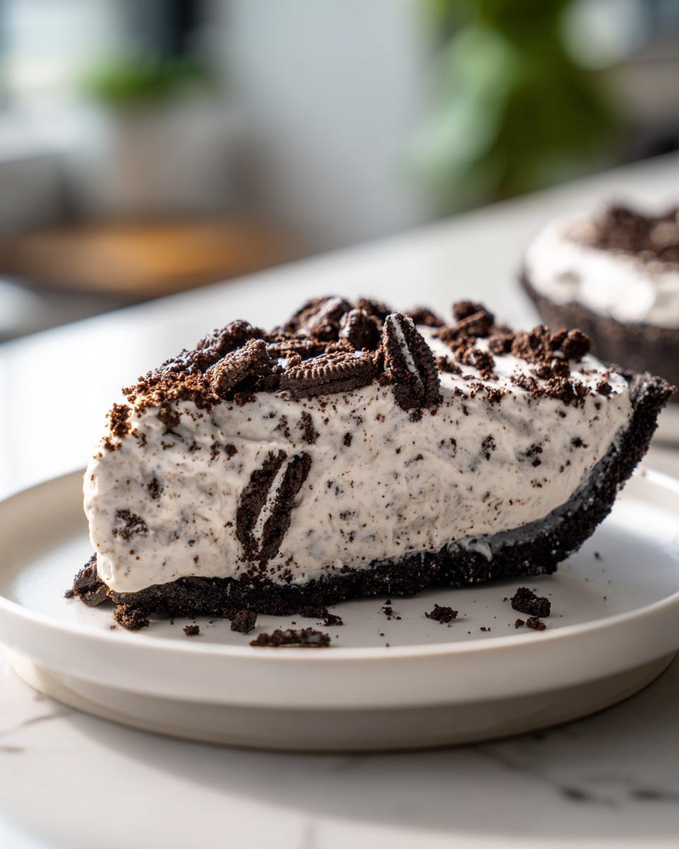 A decadent slice of Oreo pie featuring a dark crust, creamy filling mixed with cookie pieces, and topped with crushed Oreos.