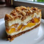 A decadent slice of peach cobbler cheesecake featuring layers of creamy filling, bright peaches, and a crumbly topping.