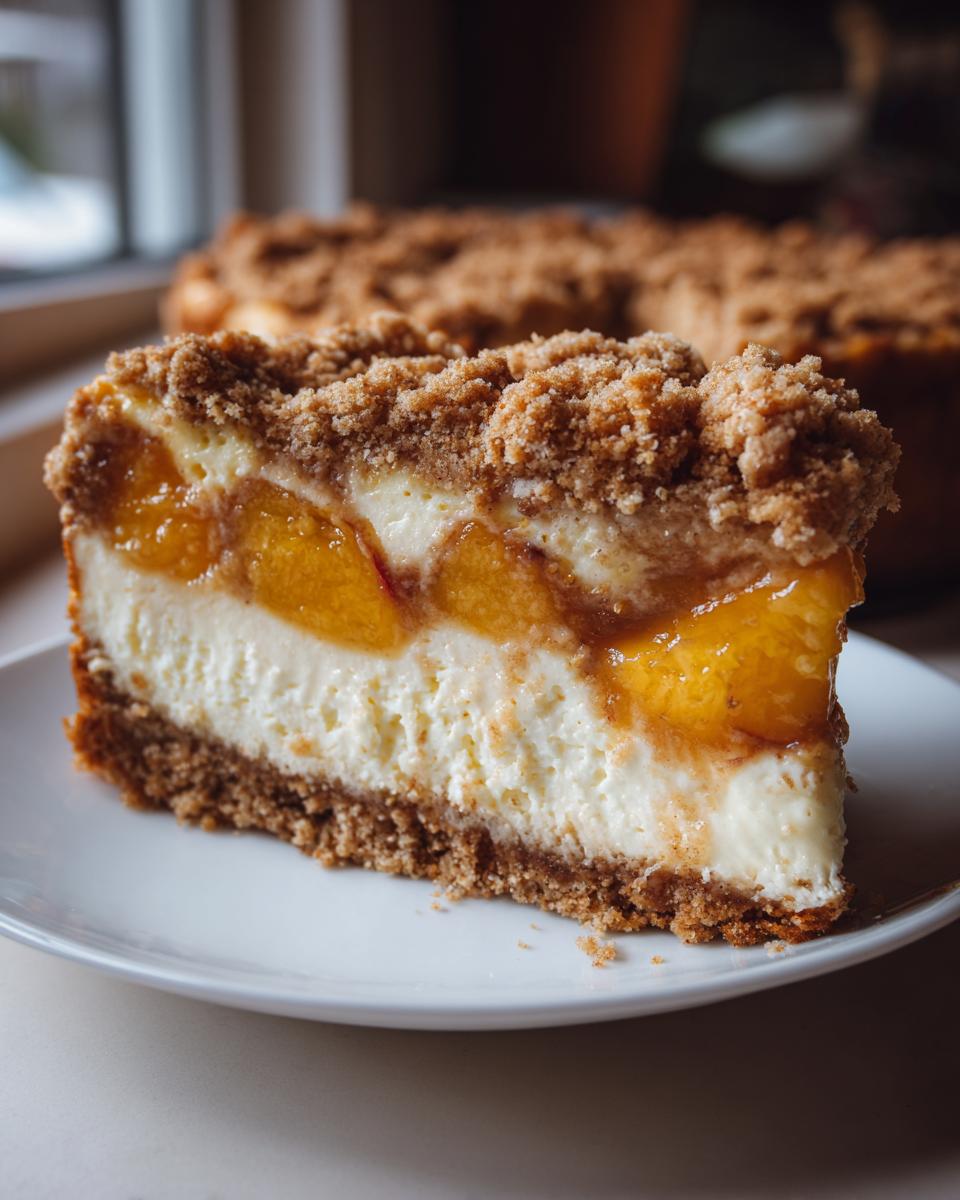A thick slice of peach cobbler cheesecake showing layers of graham cracker crust, creamy filling, peaches, and crumble topping.