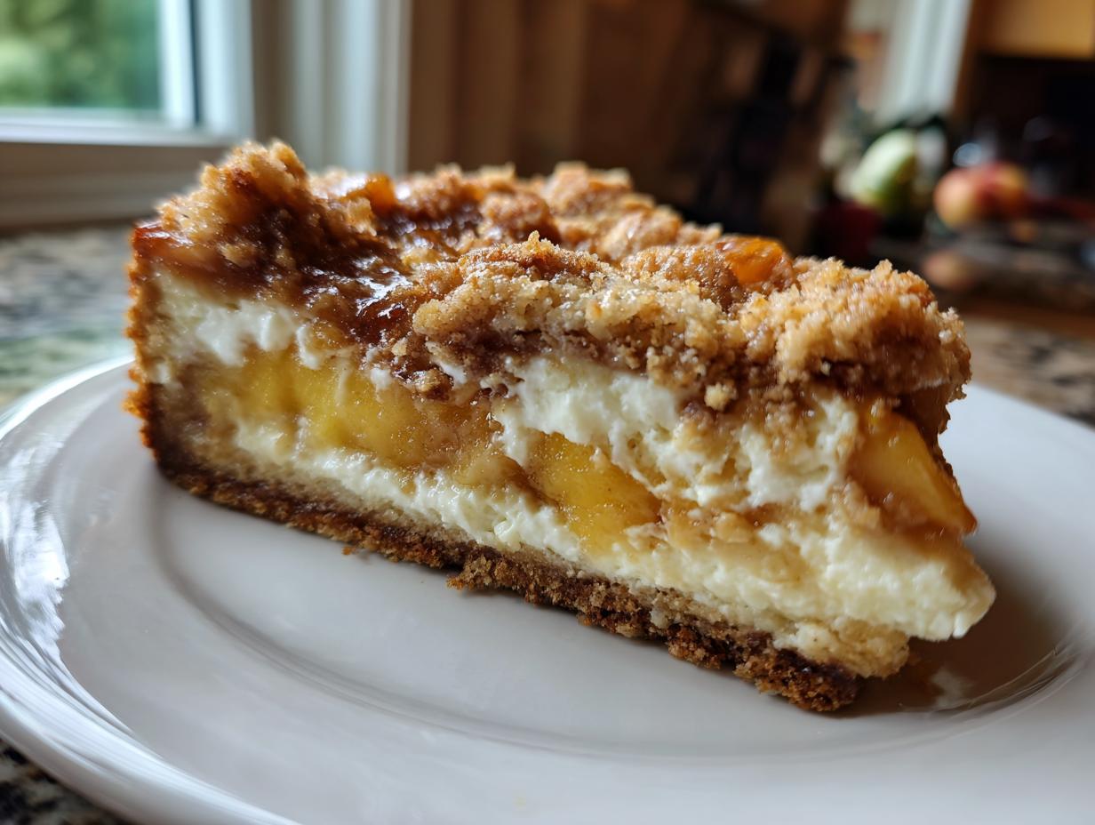 A close-up of a decadent slice of peach cobbler cheesecake showing layers of crust, cream cheese, peaches, and streusel topping.