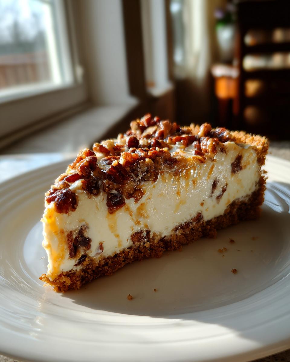 A perfect slice of pecan cream pie featuring a thick, creamy filling, graham cracker crust, and pecan topping.