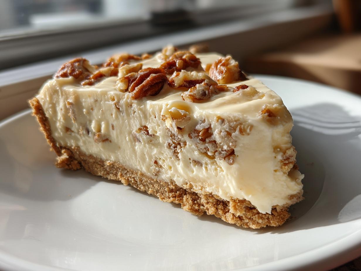 A close-up slice of creamy pecan cream pie featuring a thick graham cracker crust and topped with pecans.