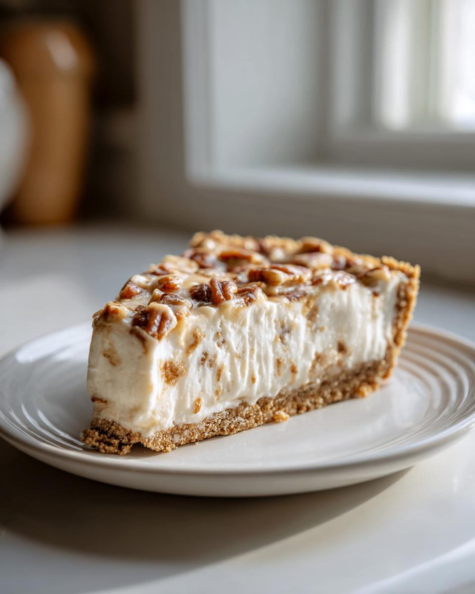 A thick slice of rich pecan cream pie featuring a creamy white filling, crunchy pecan topping, and a graham cracker crust.