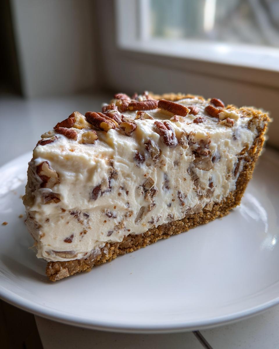 A thick slice of creamy pecan cream pie with a graham cracker crust, topped with whole pecans.