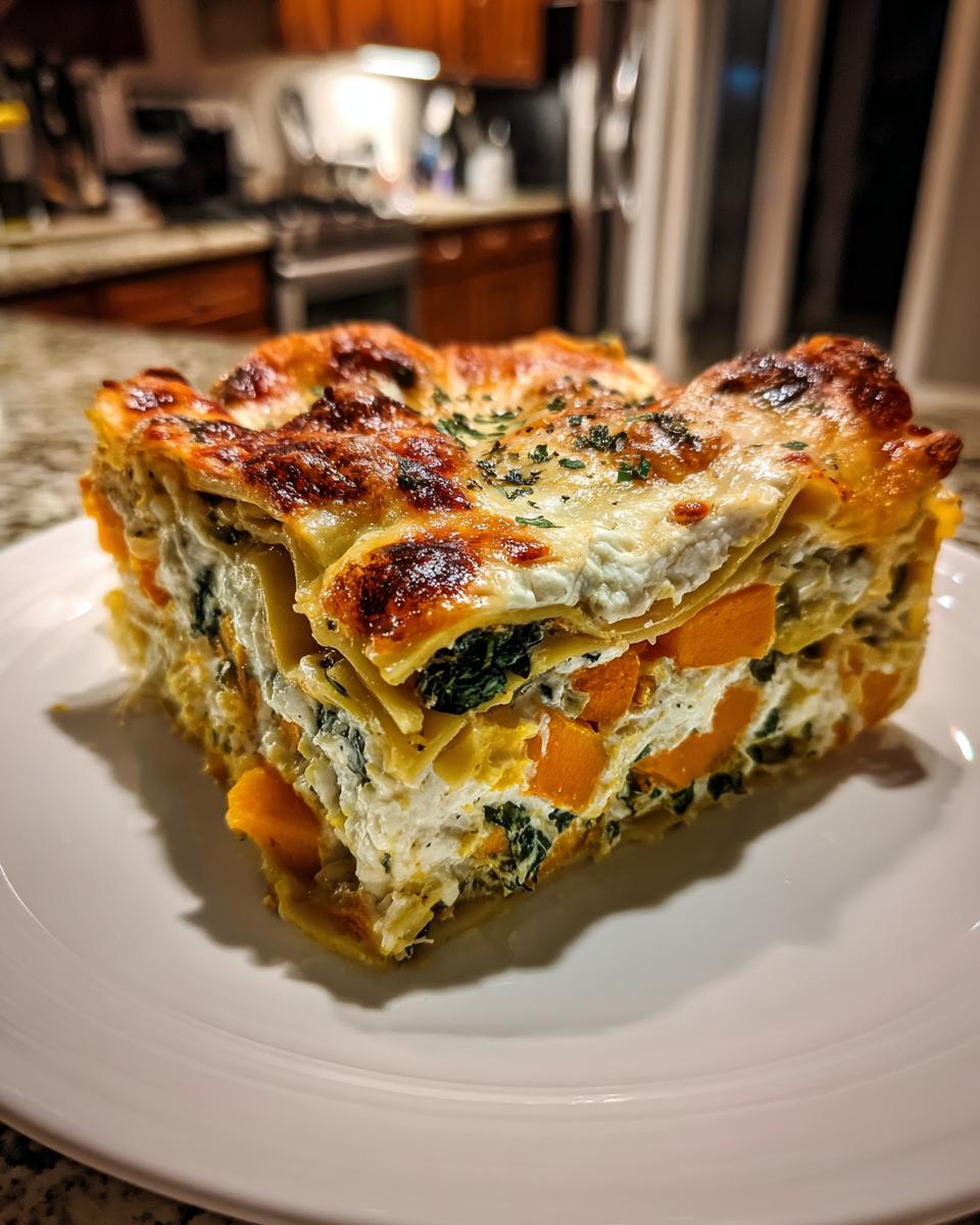 A thick slice of roasted vegetable lasagna showing layers of pasta, ricotta, spinach, and orange squash, with a browned cheesy top.
