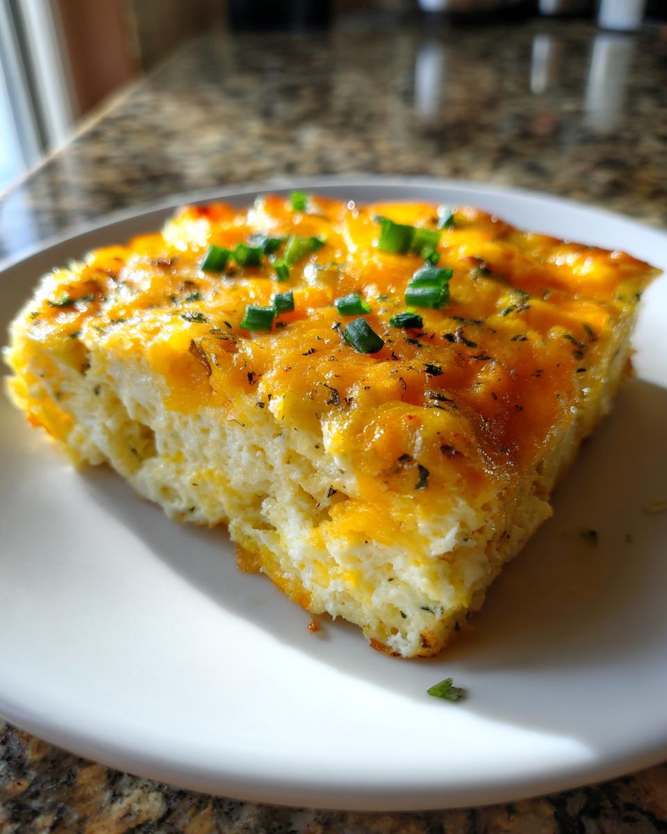 A square slice of fluffy sheet pan eggs topped with melted cheddar cheese and fresh green chives.