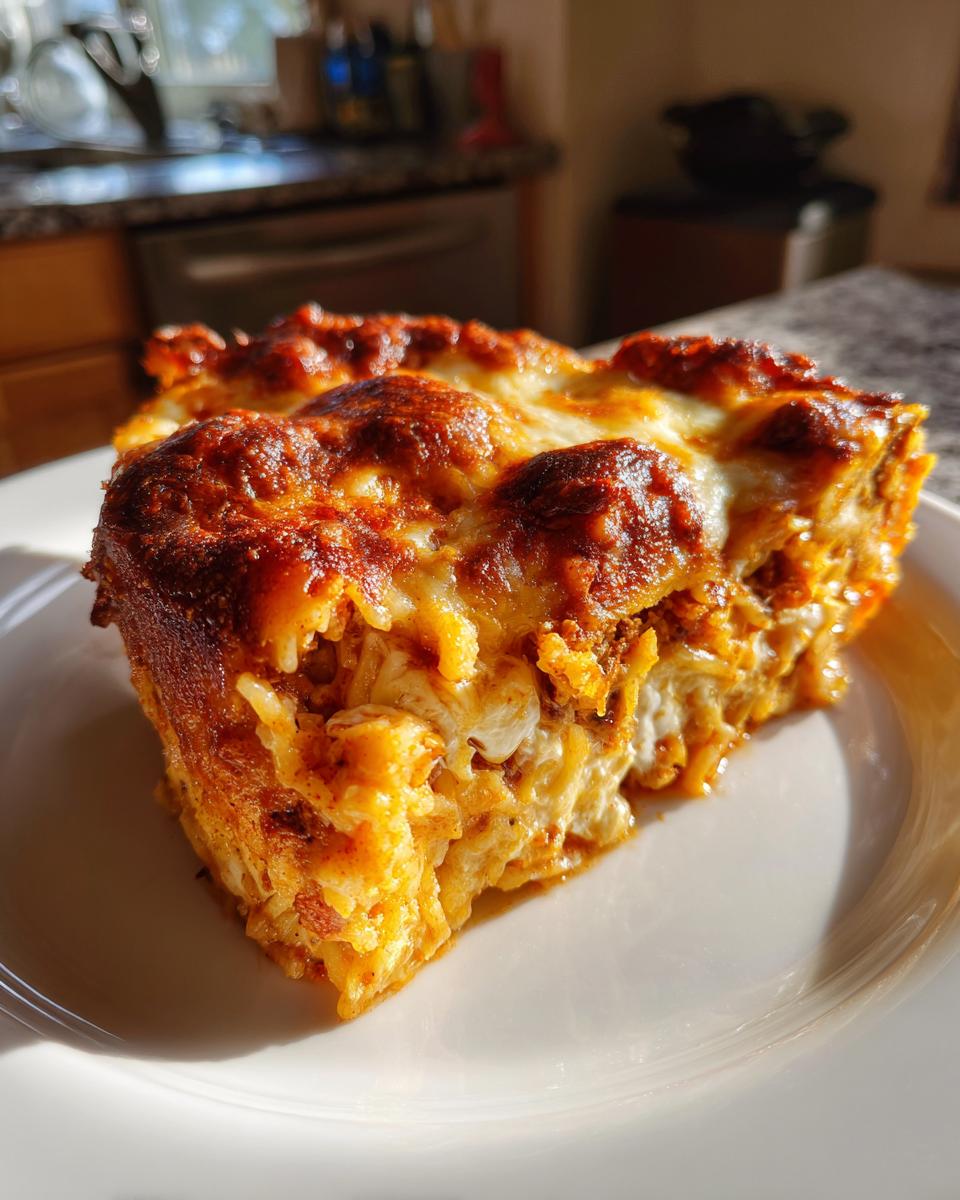 A close-up, sunlit slice of baked spaghetti pie showing layers of pasta, sauce, and a bubbly, browned cheese topping.