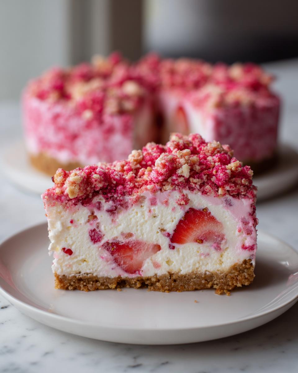 Close-up of a slice of strawberry crunch cheesecake showing a graham cracker crust, creamy filling with strawberry pieces, and pink crumble topping.