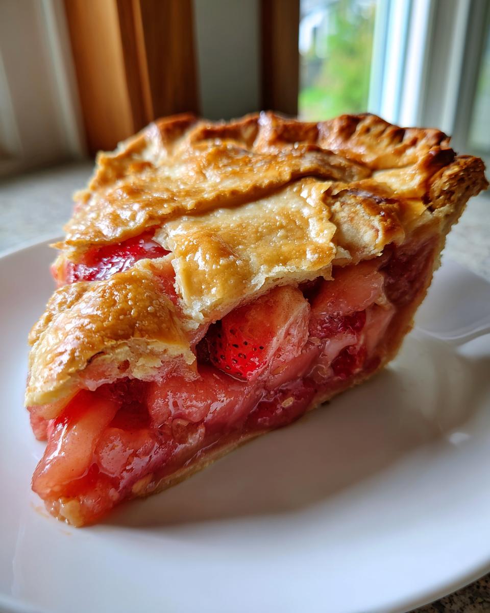 Close-up of a thick slice of strawberry rhubarb pie showing juicy filling and flaky, golden brown top crust.