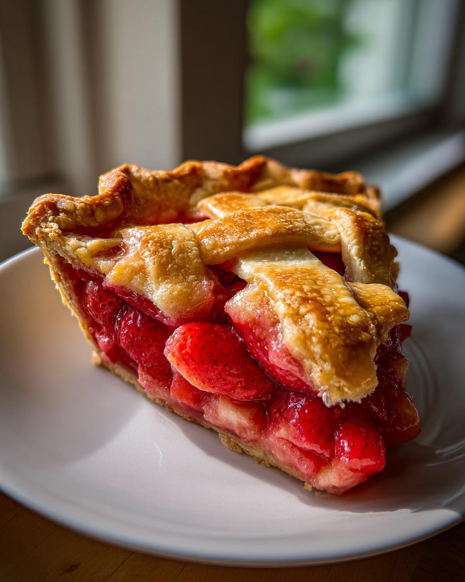 A close-up slice of strawberry rhubarb pie featuring a glistening red filling and golden lattice crust.