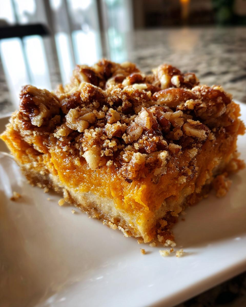 Close-up of a rich slice of sweet potato casserole with a thick, crunchy pecan and brown sugar topping.