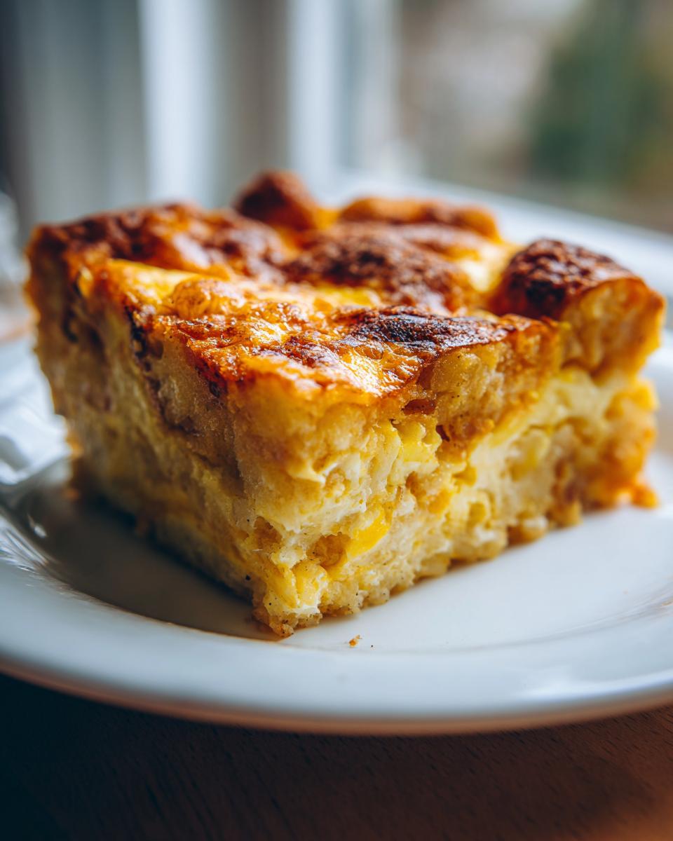 Close-up of a golden-brown slice of tater tot breakfast casserole on a white plate.