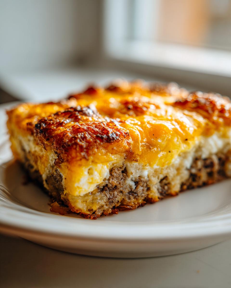 Close-up of a hearty slice of tater tot breakfast casserole topped with golden, melted cheddar cheese.