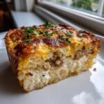 A thick slice of tater tot breakfast casserole showing layers of tater tots, sausage, and melted cheese topping.