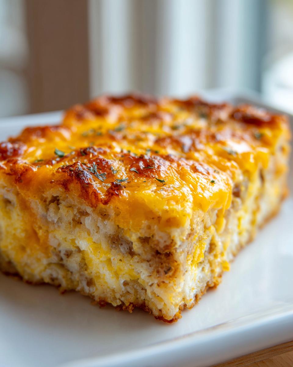 A close-up of a square slice of tater tot breakfast casserole topped with melted cheddar cheese.
