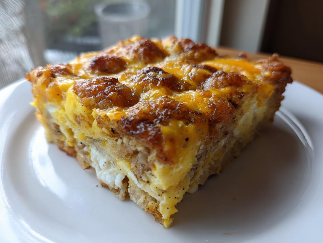 A close-up slice of tater tot breakfast casserole with golden-brown sausage and melted cheese on top.
