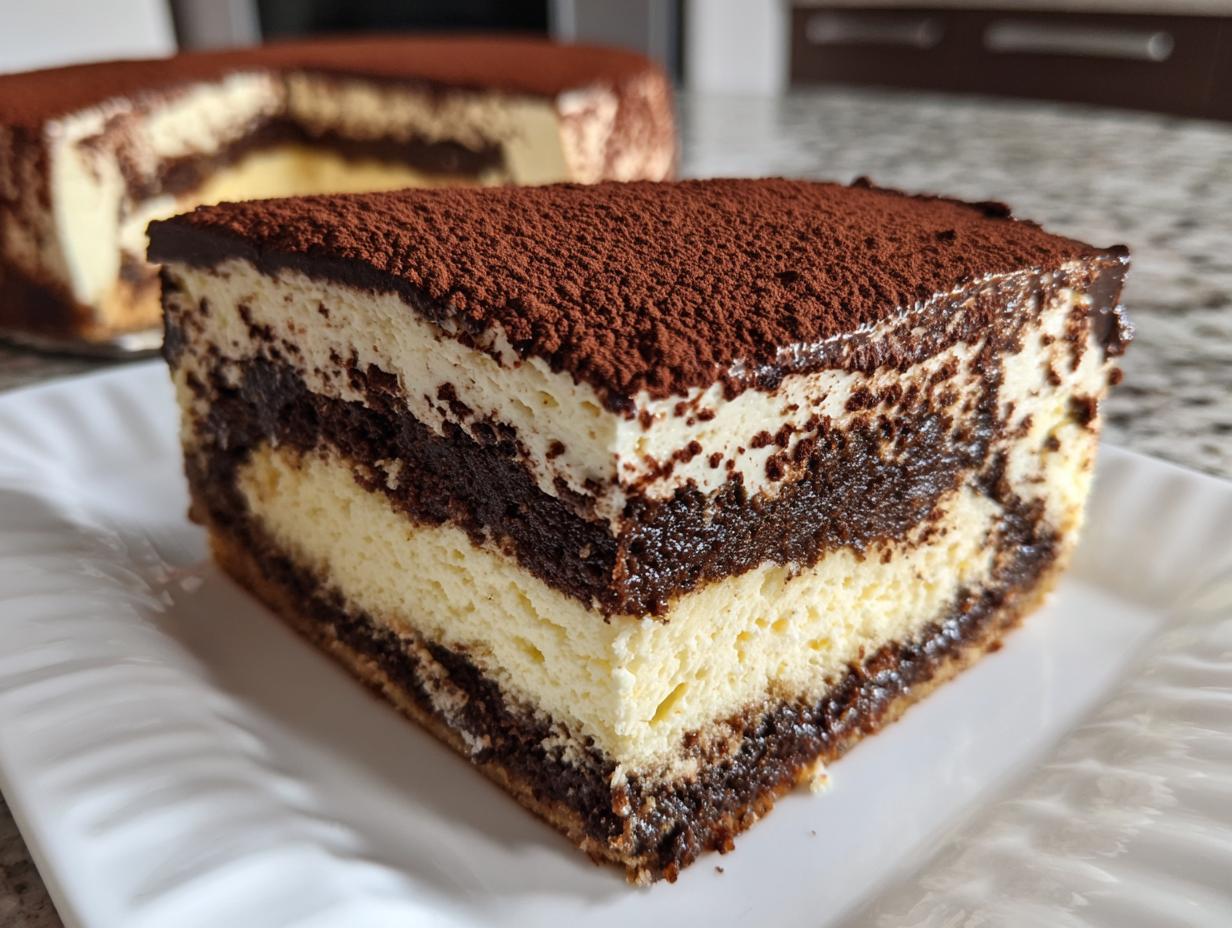 Close-up of a rich slice of tiramisu cheesecake showing layers of cream, coffee-soaked cake, and heavy cocoa powder topping.