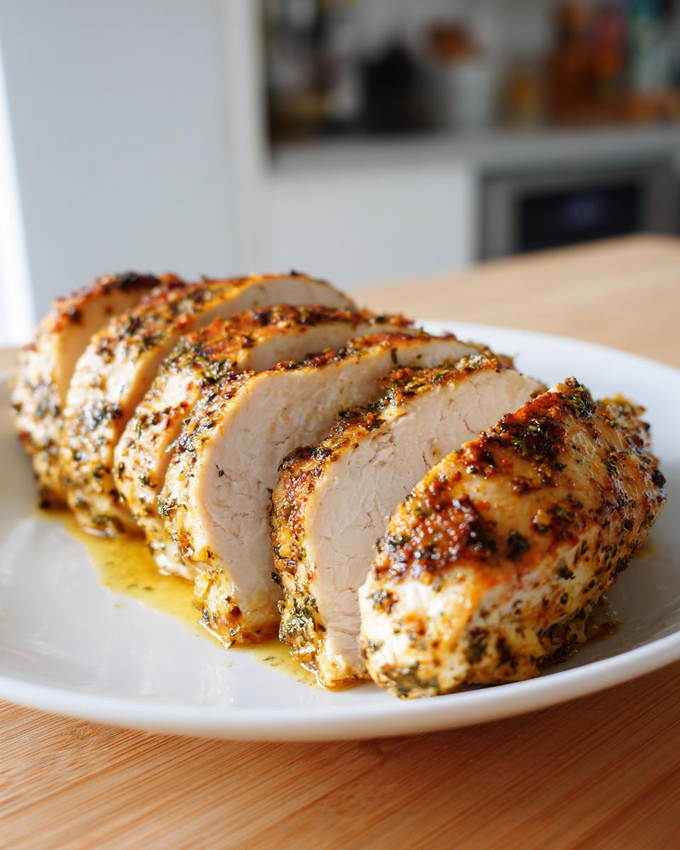 Close-up of perfectly cooked, sliced greek chicken breast seasoned heavily with herbs and spices.