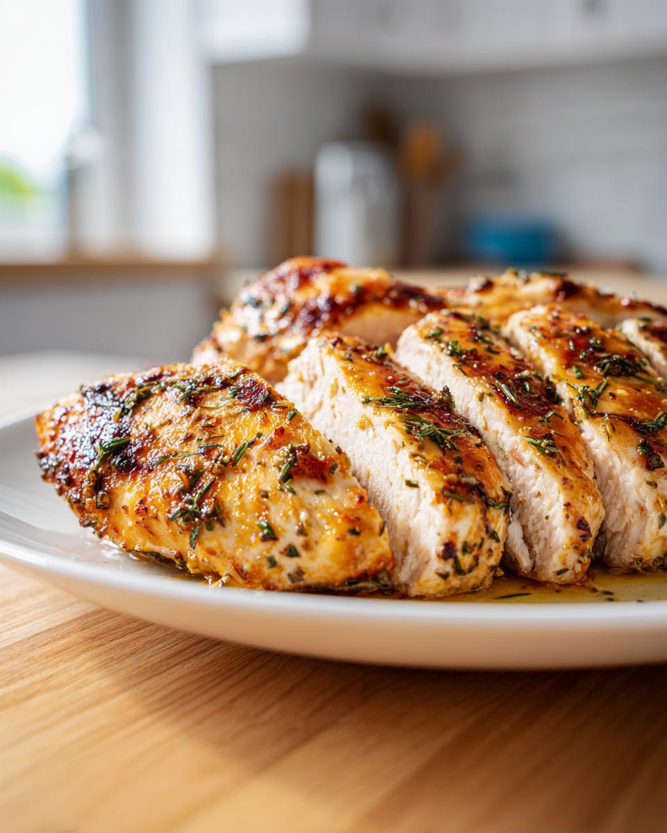 Close-up of sliced, juicy greek chicken breast seasoned with visible herbs on a white plate.