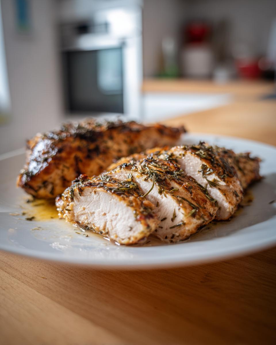Close-up of sliced, herb-crusted greek chicken breast resting in pan juices on a white plate.