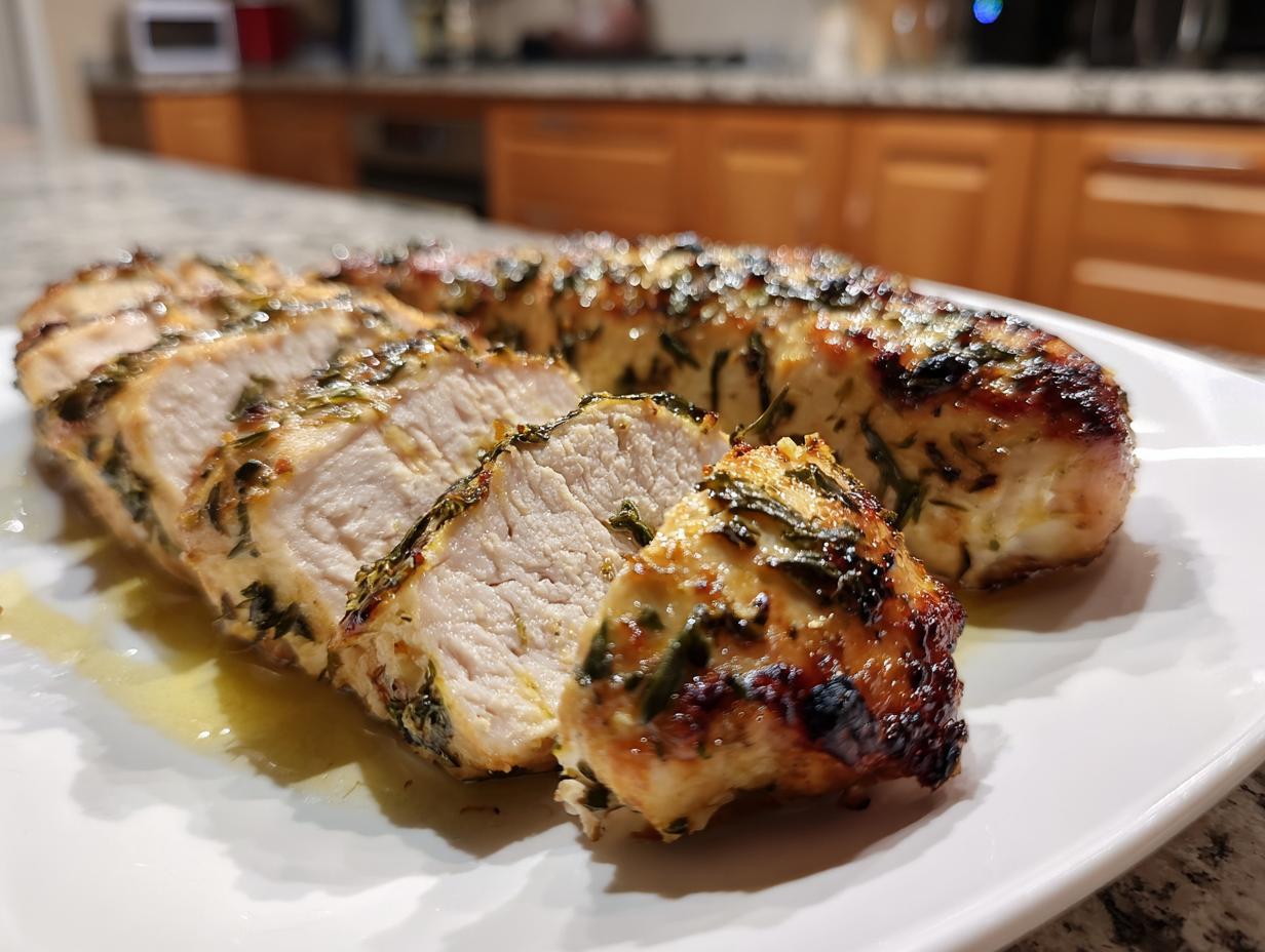 Close-up of sliced, juicy greek chicken breast coated in herbs, resting on a white platter.