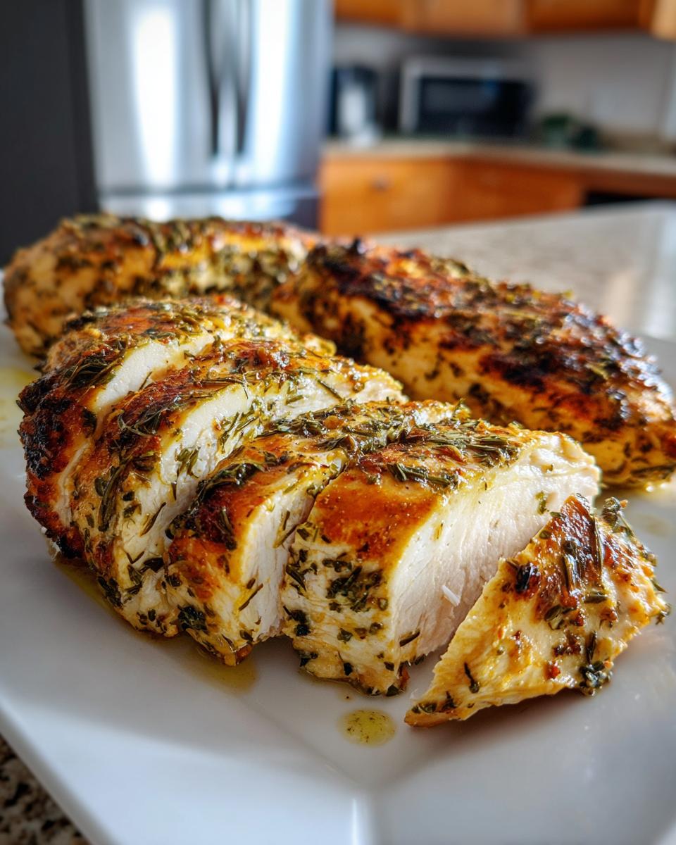 Close-up of juicy, sliced greek chicken breasts seasoned heavily with herbs and spices on a white platter.