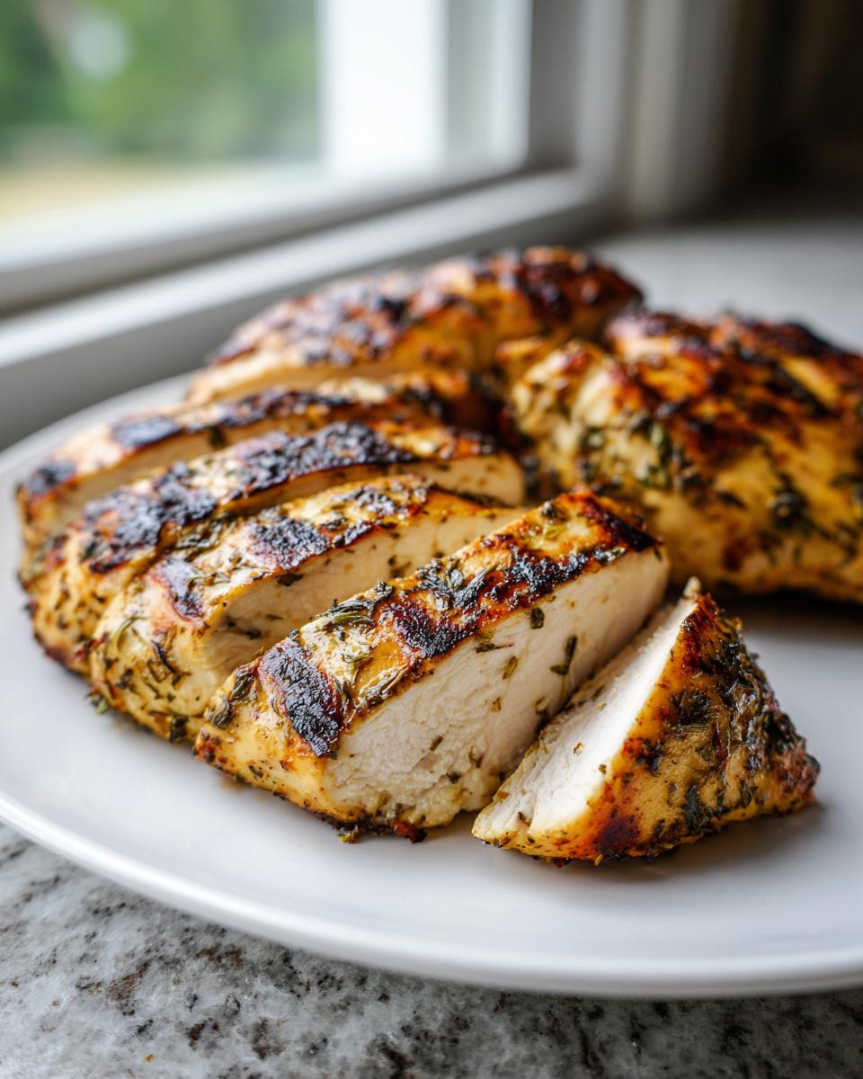 Close-up of sliced, juicy chicken breast coated in herbs from a grilled chicken marinade, showing char marks.