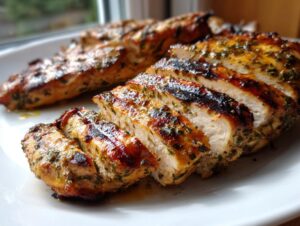 Close-up of sliced, juicy chicken breast coated in a vibrant herb grilled chicken marinade, resting on a white plate.