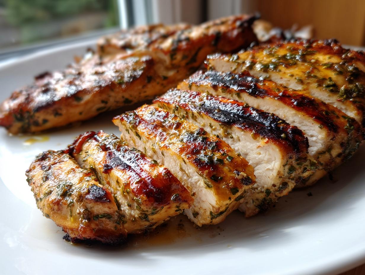 Close-up of sliced, juicy chicken breast coated in a vibrant herb grilled chicken marinade, resting on a white plate.