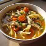 Close-up of a white bowl filled with rich broth, shredded chicken, egg noodles, and bright orange carrots in slow cooker chicken noodle soup.