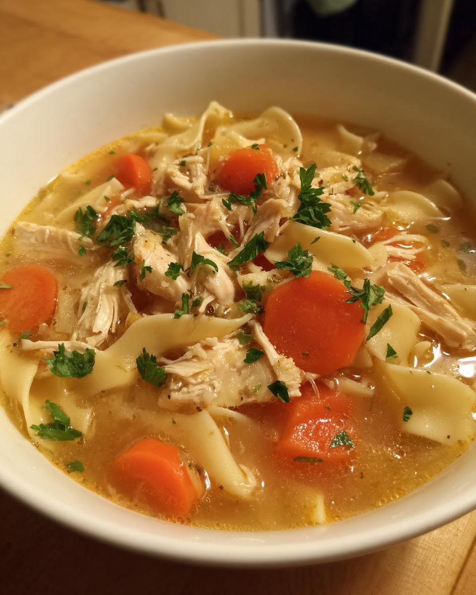 Close-up of a white bowl filled with rich broth, shredded chicken, wide egg noodles, and sliced carrots in slow cooker chicken noodle soup.