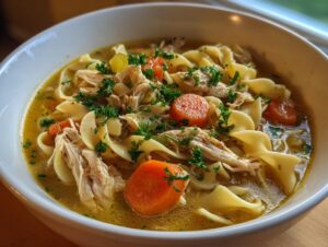 Close-up of a white bowl filled with rich broth, shredded chicken, egg noodles, and carrots in slow cooker chicken noodle soup.