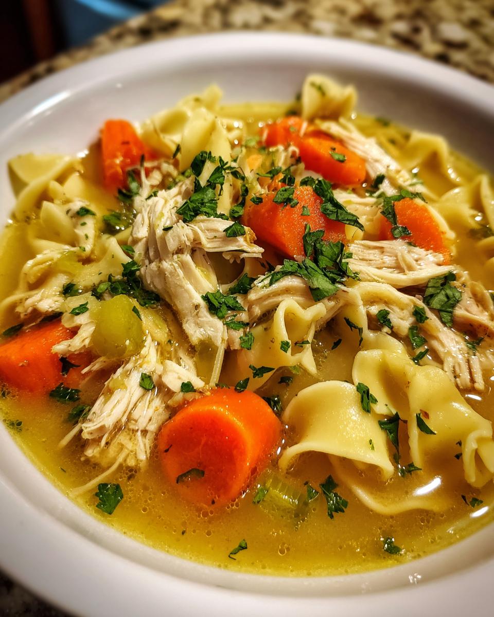 Close-up of a white bowl filled with rich broth, shredded chicken, egg noodles, and thick-cut carrots in slow cooker chicken noodle soup.