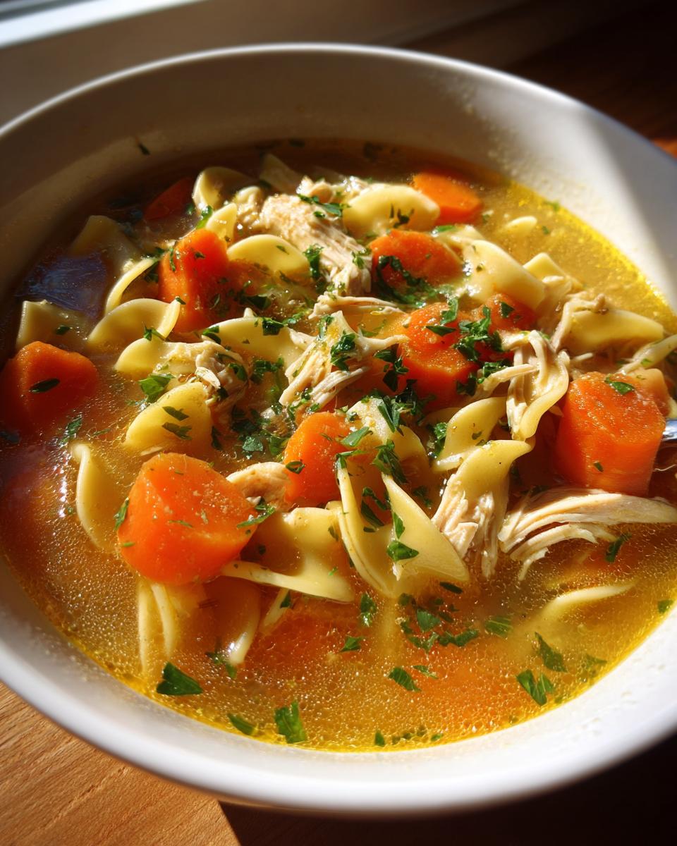 Close-up of a bowl of steaming slow cooker chicken noodle soup featuring shredded chicken, egg noodles, and bright orange carrots.