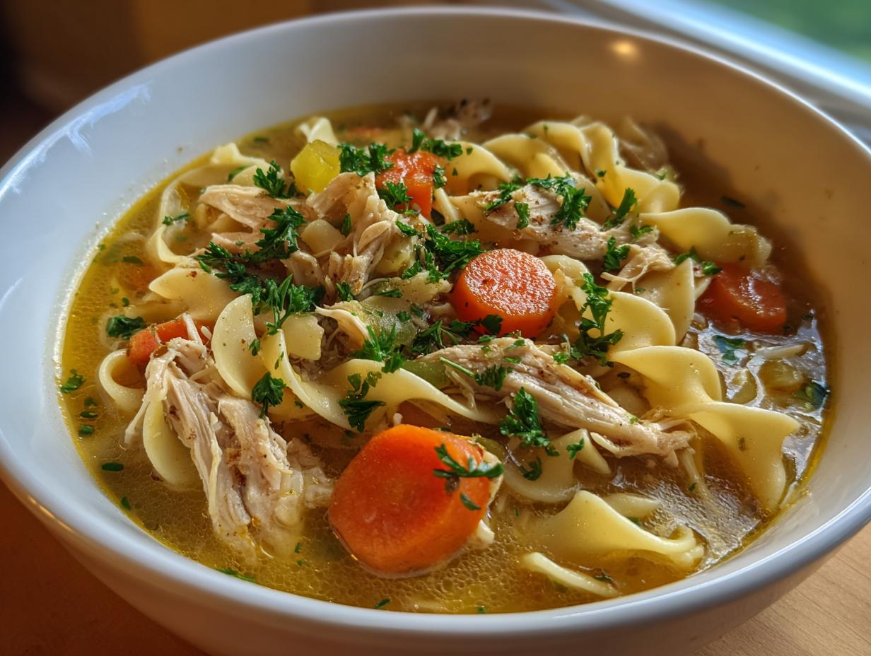 Close-up of a white bowl filled with rich broth, shredded chicken, egg noodles, and carrots in slow cooker chicken noodle soup.
