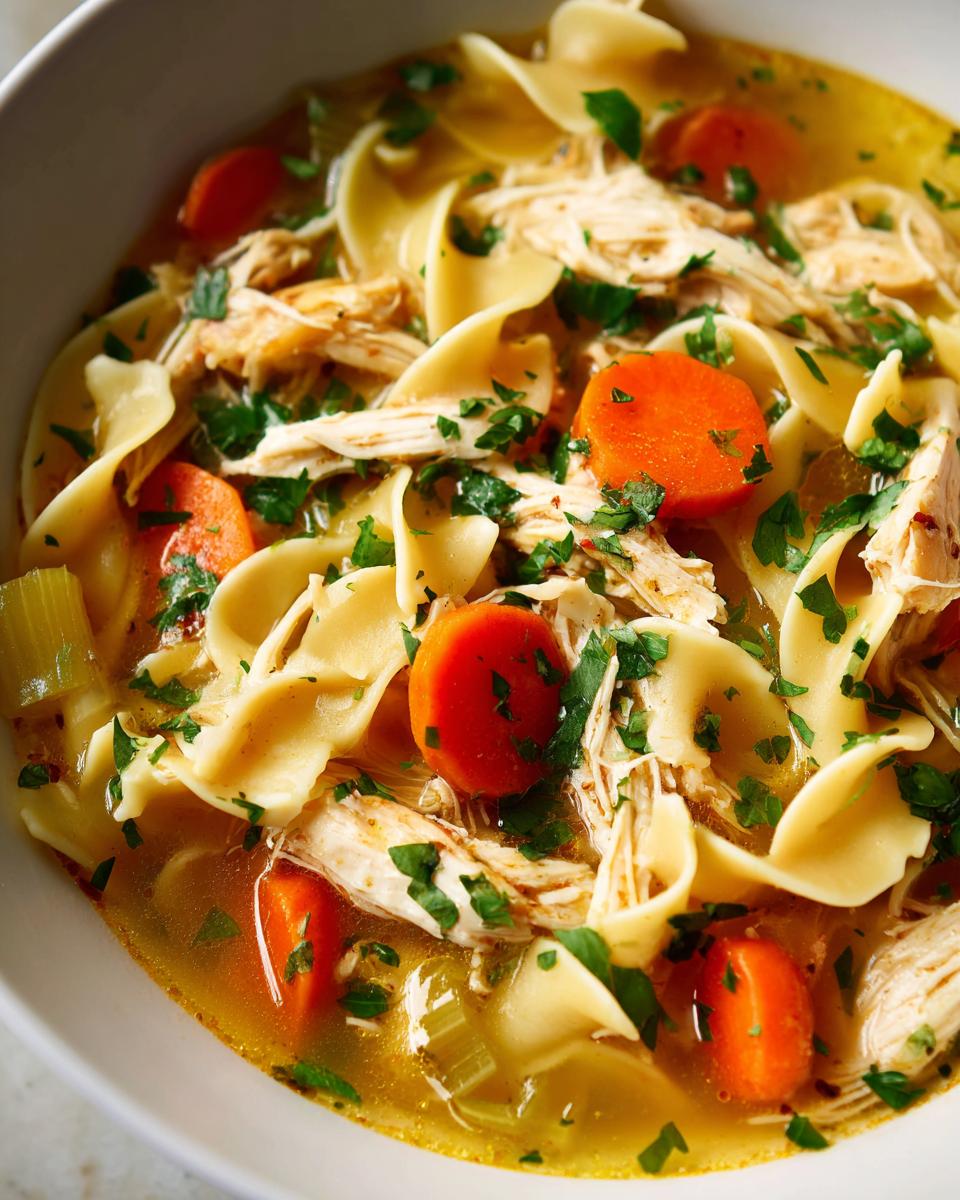 A close-up bowl of rich, golden slow cooker chicken noodle soup featuring egg noodles, shredded chicken, carrots, and parsley.