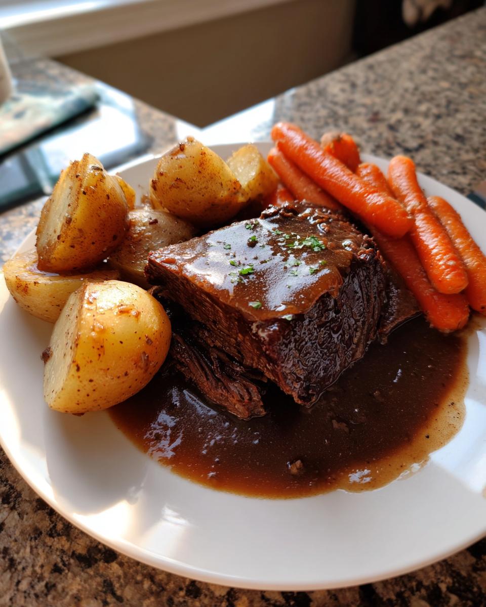 A hearty serving of slow cooker pot roast covered in rich gravy, alongside roasted potatoes and carrots.