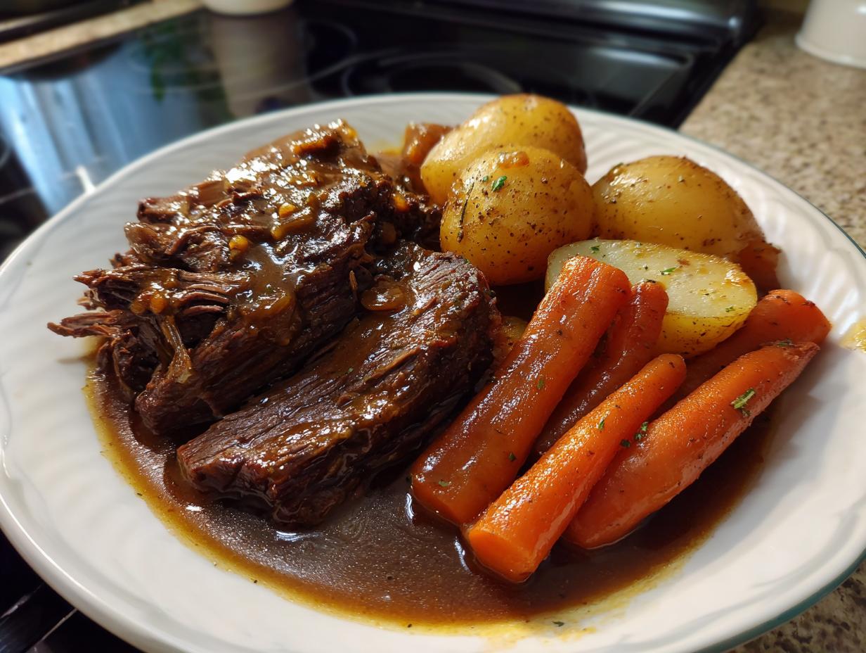 A plate featuring tender shredded slow cooker pot roast covered in rich gravy, served with glazed carrots and seasoned potatoes.