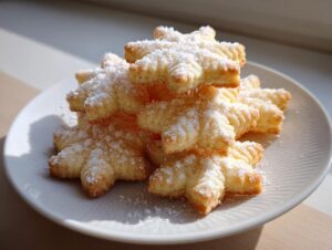 A stack of golden, snowflake-shaped butter cookie dusted generously with powdered sugar.