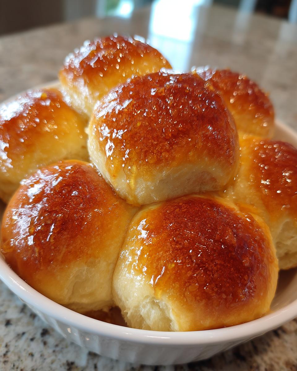 A cluster of soft, golden-brown buttery rolls glistening with a sweet, sticky glaze in a white bowl.