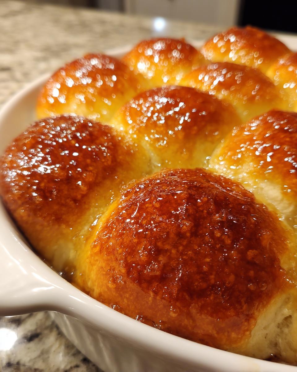 Close-up of freshly baked, golden brown, soft buttery rolls glistening with a sweet glaze in a white baking dish.