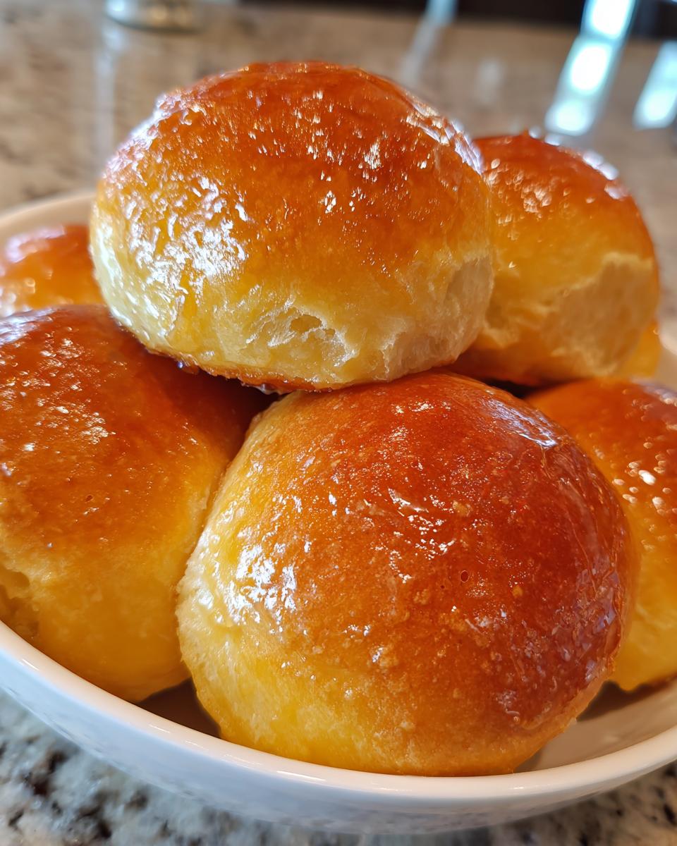 A close-up of several golden brown, shiny, soft buttery rolls stacked in a white bowl.
