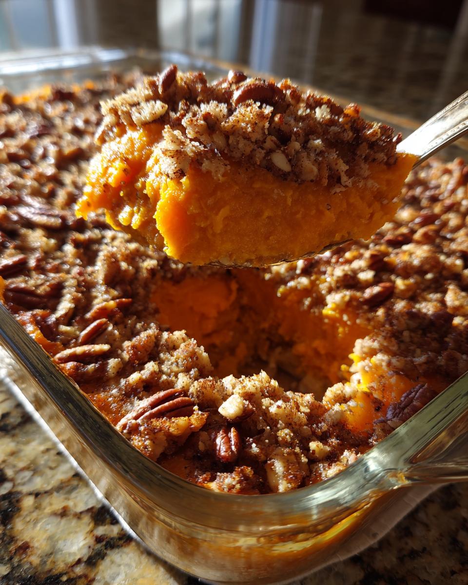 A spoonful of creamy southern sweet potato casserole topped with crunchy pecans being lifted from the glass dish.
