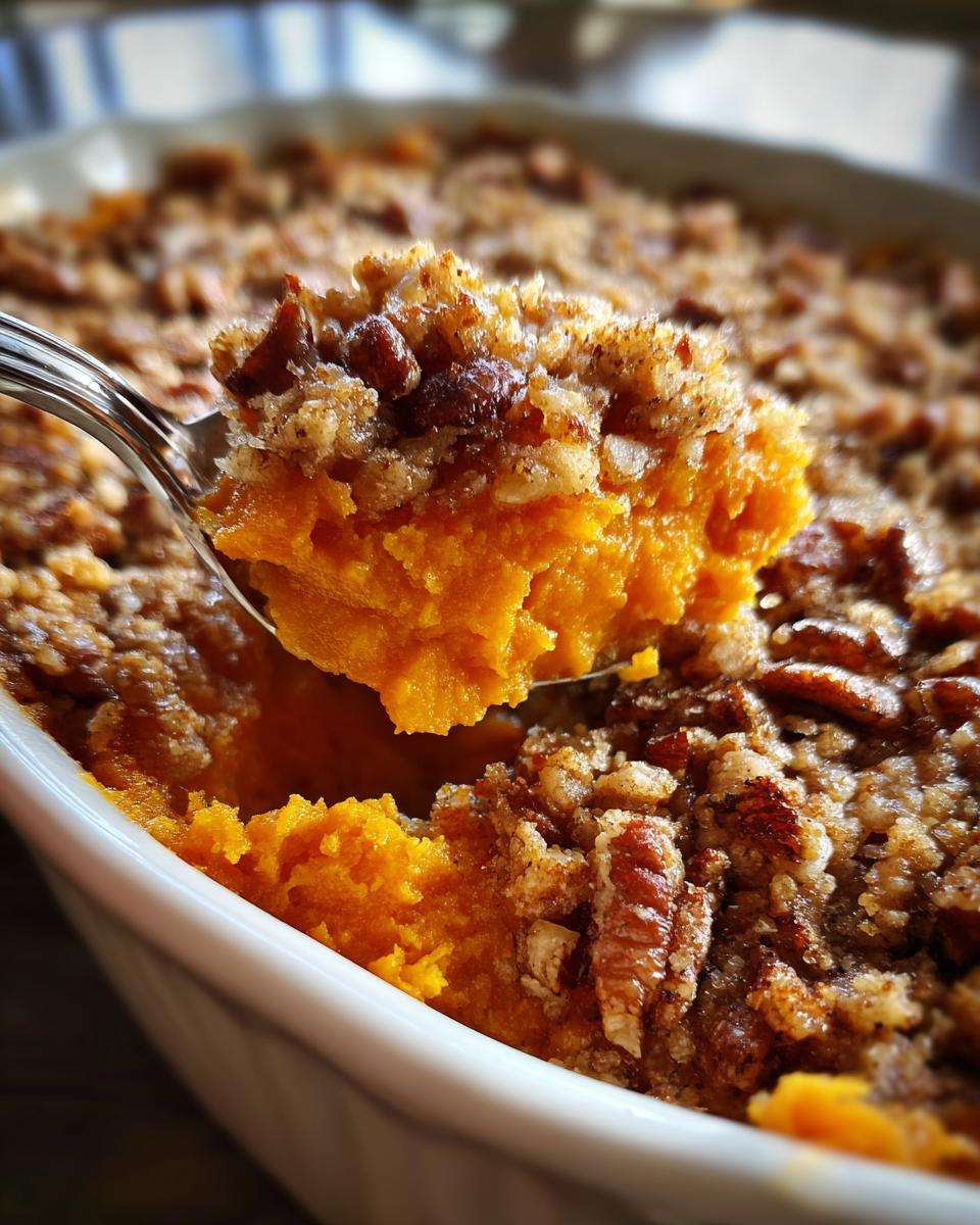 A spoonful of creamy orange southern sweet potato casserole topped with crunchy pecans being lifted from the baking dish.