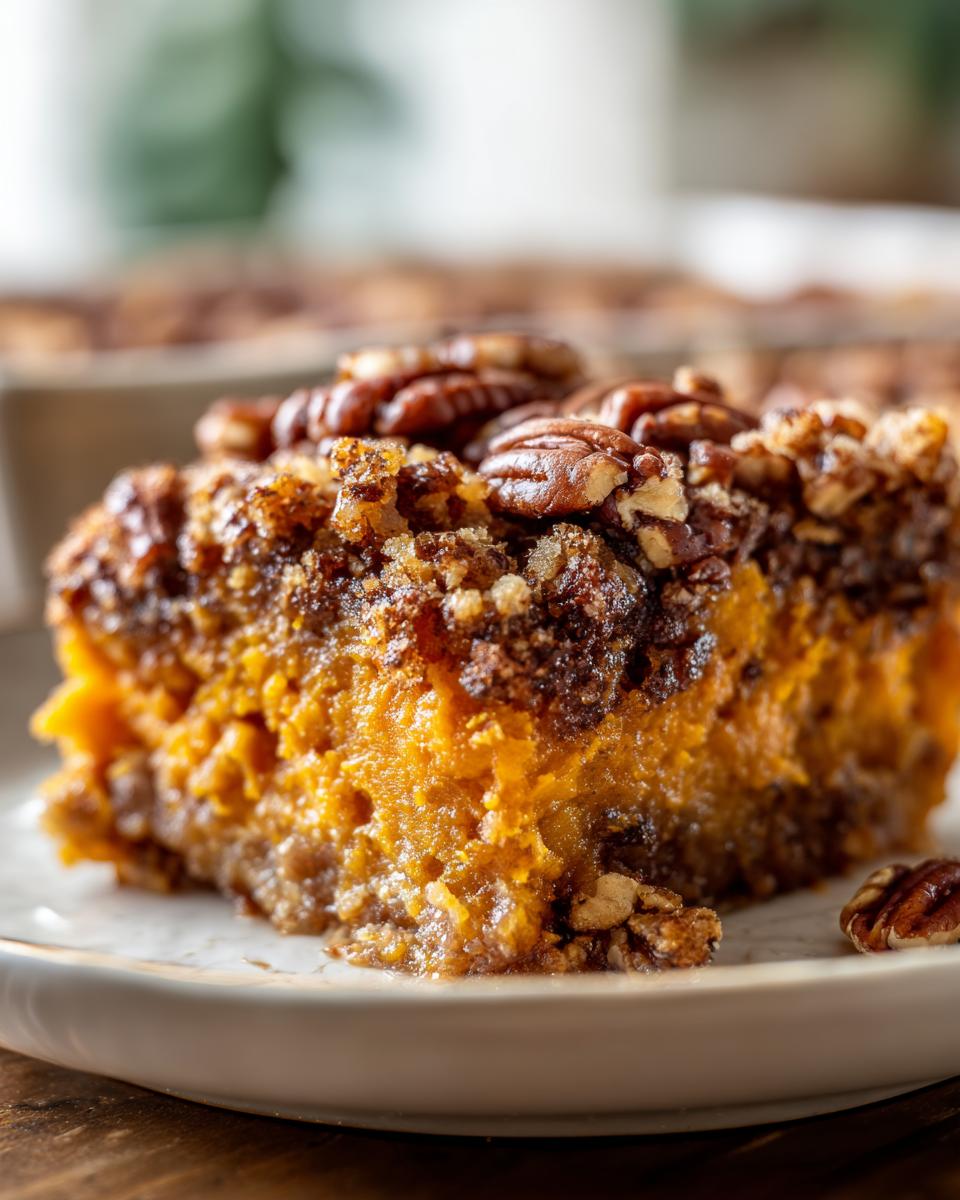 Close-up of a rich, orange slice of southern sweet potato casserole topped with a crunchy pecan streusel.