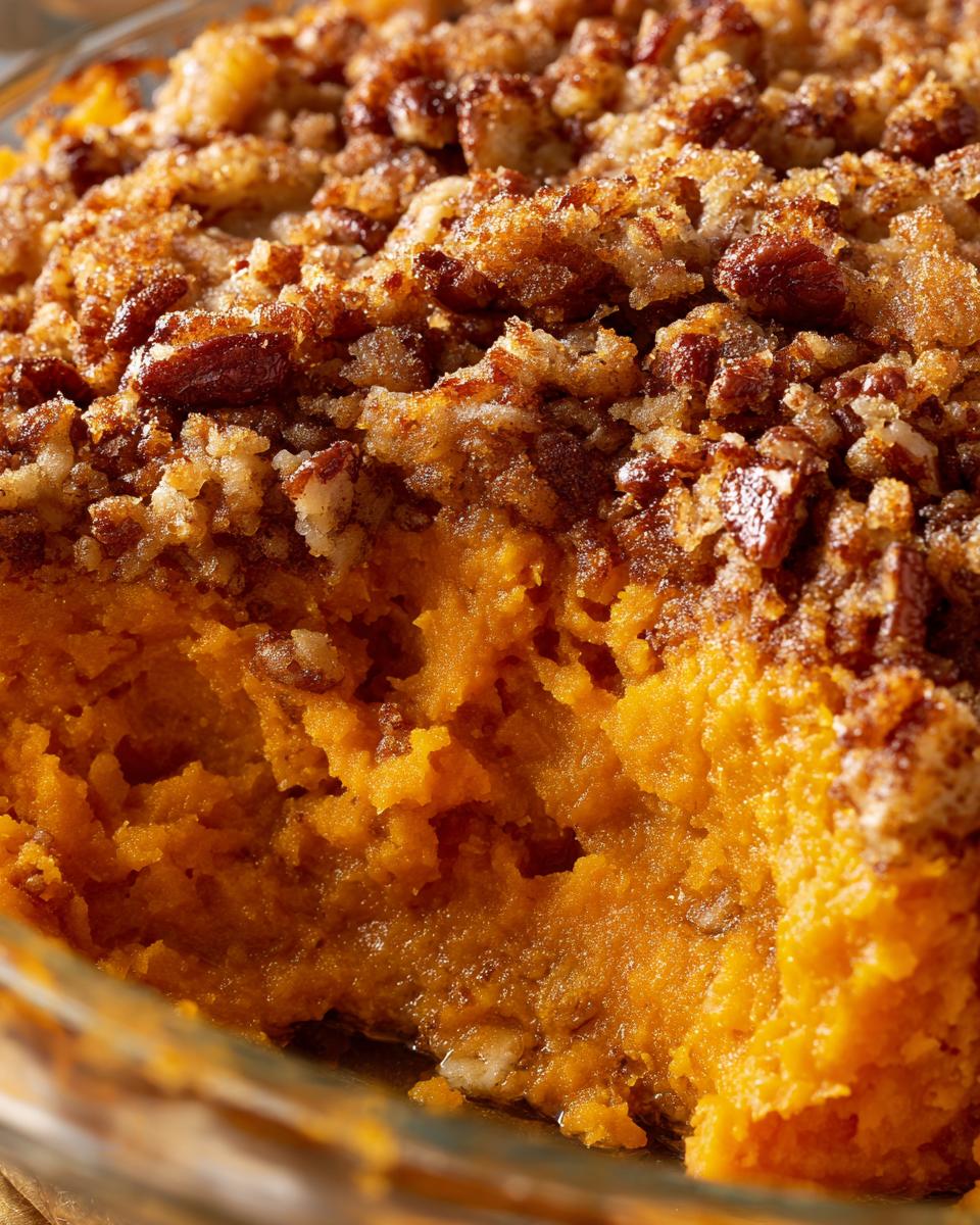 A close-up view of the creamy orange interior of a southern sweet potato casserole topped with a crunchy pecan streusel.