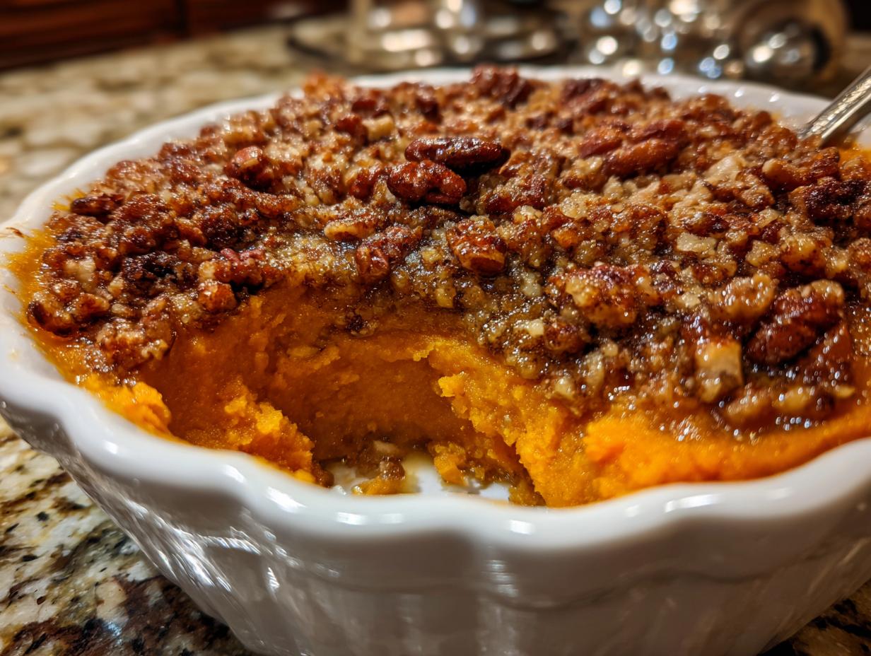 Close-up of creamy orange southern sweet potato casserole topped with crunchy brown pecan streusel.