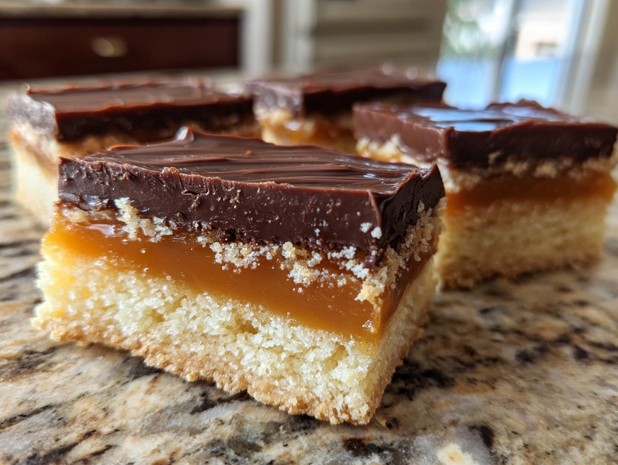 A close-up of a square twix cookie bar showing three distinct layers: shortbread, caramel, and melted chocolate topping.